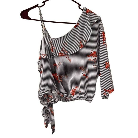 Forever 21 asymmetrical ruffle blouse top S striped floral blue and white - Picture 3 of 4